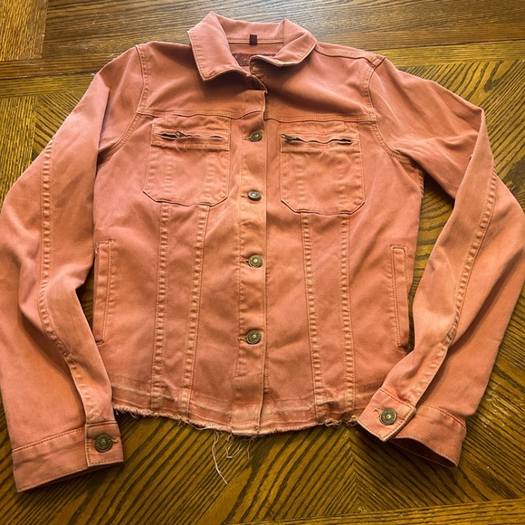 7 For All Mankind Women’s Pink Distressed Denim Casual Button Jacket Size Medium - Picture 1 of 9